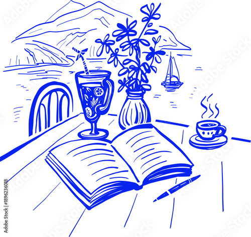 Slow morning by the sea with coffee and notebook sketch