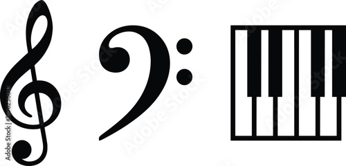 Minimal black music symbols illustration featuring treble clef bass clef and piano keyboard icons, flat vector design for education, composition, sound branding, and musical concepts