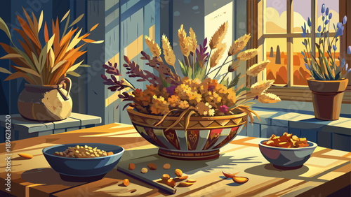 Very beautiful still life of a bowl filled with dried flowers resting on a table, captured in soft natural light, evoking rustic charm, timeless beauty, and quiet domestic elegance.