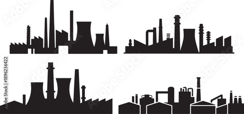 Factory and Industrial Building Silhouettes Set Black Vector Collection, Silhouette Vector