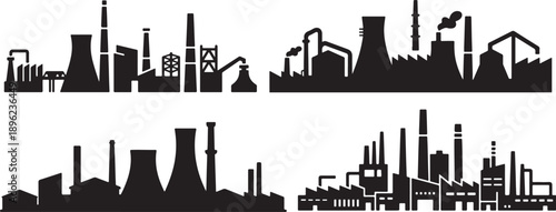Factory and Industrial Building Silhouettes Set Black Vector Collection, Silhouette Vector