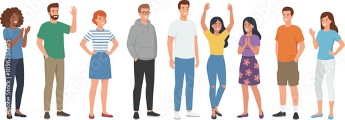 Large group of diverse happy people standing together, casual clothing, multiethnic characters, social community collection, flat vector illustration design