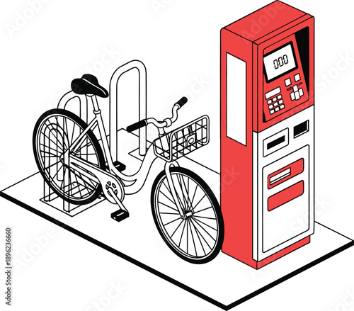 Isometric vector illustration of a city bicycle rental station with bike parked at red electronic payment kiosk.