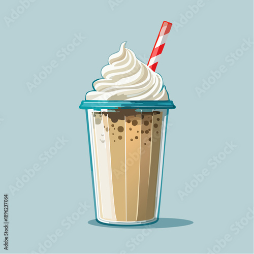 Iced Coffee Drink with Whipped Cream and Straw, Vector Illustration