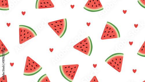 Slices of red watermelon with black seeds and small hearts scattered on a white background for a fresh summer holiday seamless pattern.