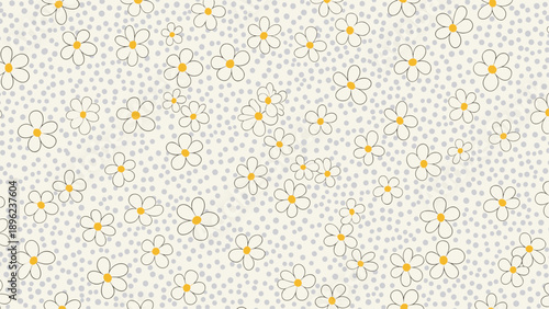 Simple white daisy flowers with yellow centers scattered on a grey dotted background in a seamless pattern for feminine apparel design.