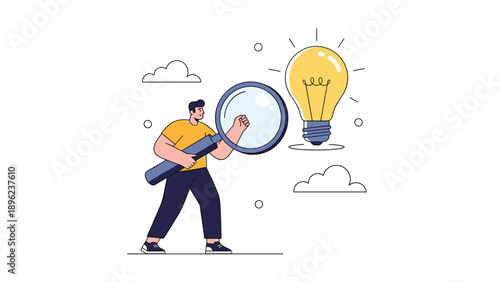 Man holding a giant magnifying glass inspecting a glowing light bulb representing creative research business ideas and innovation.
