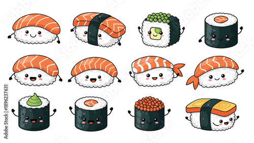 Variety of cute sushi characters with happy faces and tiny arms and legs for japanese food branding and restaurant menu decoration.