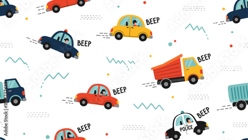 Colorful toy cars police cars and trucks in a seamless pattern on a white background with decorative shapes for boy nursery wallpaper.