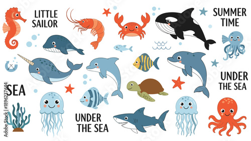 Cute sea creatures collection including whales dolphins octopuses and seahorses with ocean themed text for nautical kids room decor.