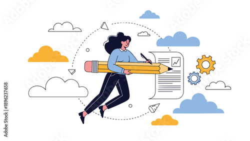 Creative woman flying with a giant pencil and writing on a floating document symbolizing inspiration and document workflow management.