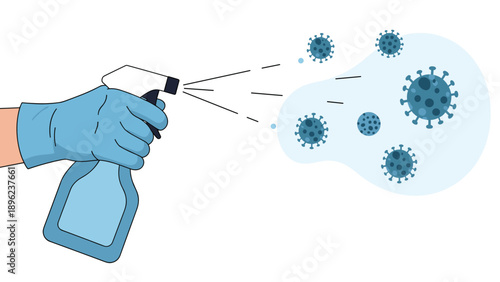 Gloved hand using a spray bottle to disinfect and kill virus particles on a blue background representing hygiene and health protection.