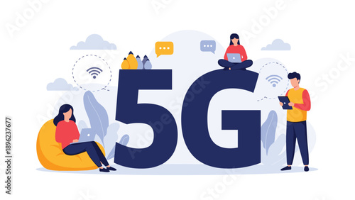 Group of young people using digital devices around a large 5G symbol representing high speed internet connectivity and global networking.