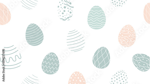 Seamless pattern of hand drawn easter eggs with different pastel patterns on a white background for spring holiday decorations.