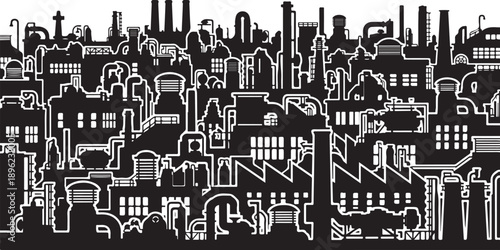 Black and white cityscape with buildings and skyscrapers illustration