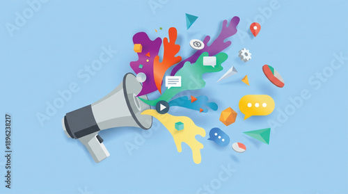 megaphone with colorful abstract shapes and icons coming out of it on blue background