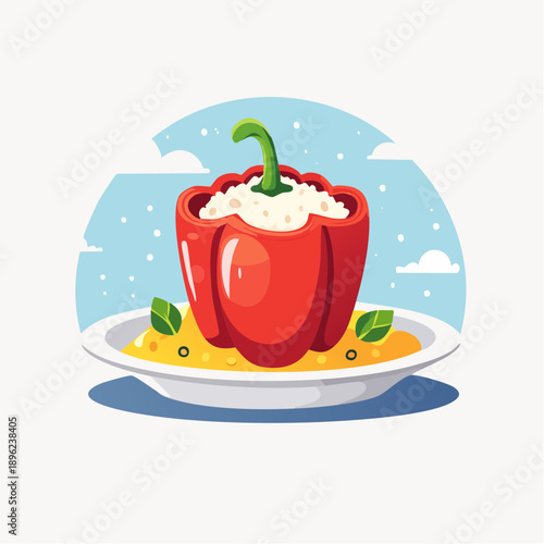 Flat Vector Illustration of Stuffed Bell Pepper on Plate