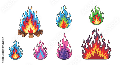 Colorful cartoon flames and fireballs arranged in a playful composition