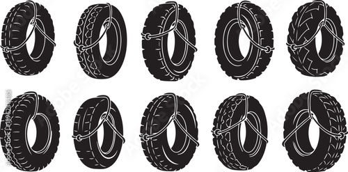 Tire chains on various vehicle tires for winter driving