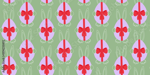 Easter Egg with tied bow and hiding bunny Seamless Pattern Minimalistic Outline Flat Banner Backdrop. Easter Greetings Thematic Background Party Invite or Promo social media post, leaflets, label, tag