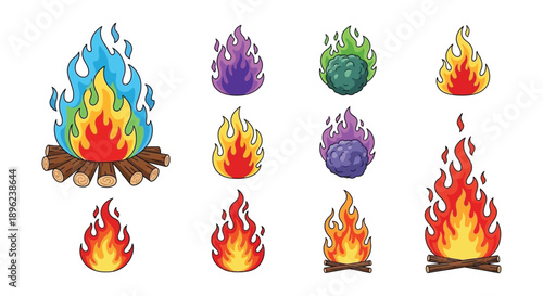 Colorful cartoon flames and fireballs arranged in a playful composition