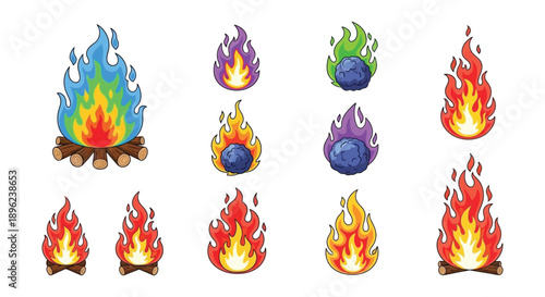 Colorful cartoon flames and fireballs arranged in a playful composition