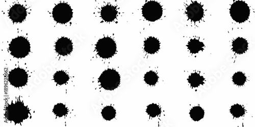 A collection of irregular black spots arranged on a plain white background