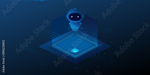 A cute robot character sitting above a glowing geometric digital design