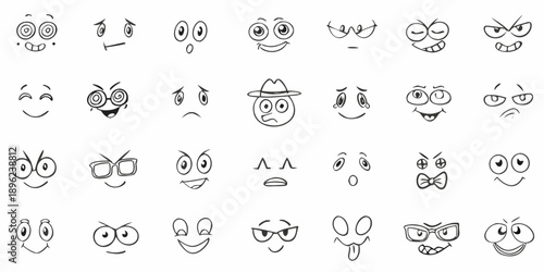 Collection of hand drawn black and white cartoon faces with various expressions