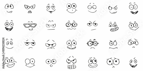 A collection of various hand drawn black and white cartoon face expressions