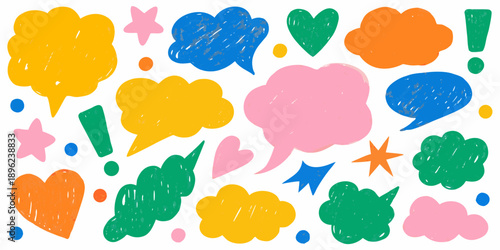Colorful hand drawn speech bubbles hearts stars and exclamation marks on white background