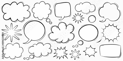 Collection of various black and white comic speech bubbles and thought balloons