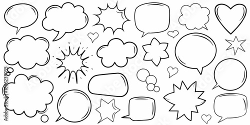 Collection of hand drawn speech bubbles hearts and star shapes in black and white