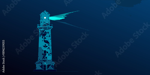 A solitary lighthouse beams brightly against a dark atmospheric night sky