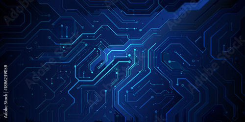 Abstract blue circuit board pattern with glowing lines and digital connections
