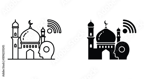 Mosque and church with wifi signals flat vector illustration for religion technology and global connectivity concept