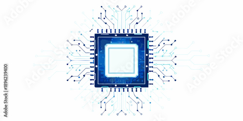 A detailed illustration of a microchip with intricate circuitry and connections