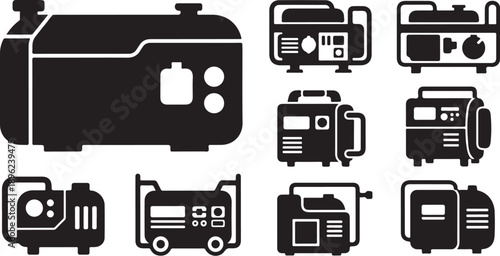 Black and white icons of various portable power generators
