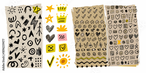 Hand drawn doodle patterns stars hearts crowns and whimsical shapes on beige