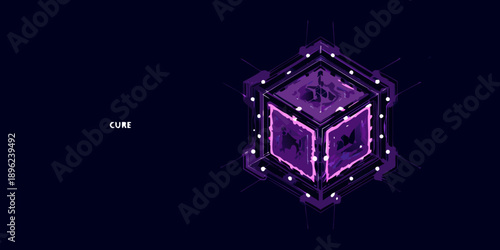 A glowing purple geometric cube with internal details and digital connections