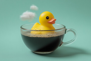 surreal commercial photograph of a yellow rubber duck floating in a transparent espresso cup holding black coffee and steam clouds illustrating comfort versus chaos on a pastel mint background.
