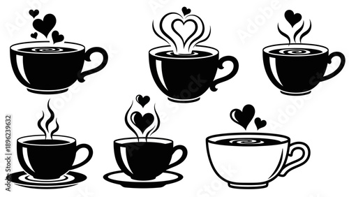 Set of six stylized black and white coffee cup icons with steam and heart shapes, representing love and warmth, perfect for cafes and beverage themes.