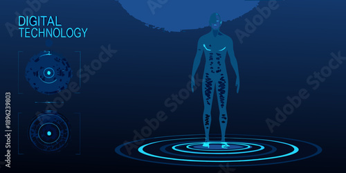 Digital human form with technological interfaces and radiating data waves