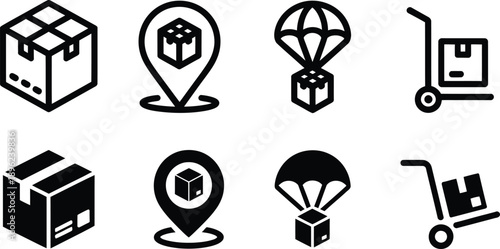 Black and white icons of delivery and shipping symbols and signs with boxes and trolleys