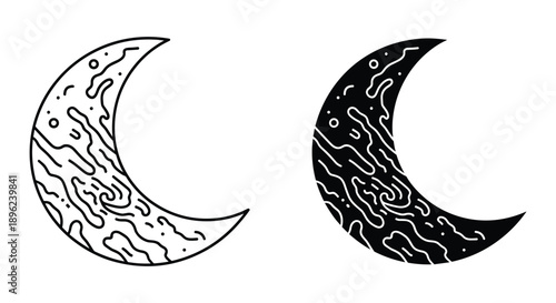 Hand drawn crescent moon phases illustration minimalist black and white line art celestial night sky design
