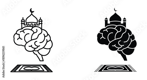 Human Brain with Mosque Illustration on Prayer Mat, Spirituality and Faith Concept