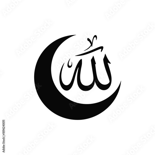 Black silhouette of a mosque minaret with crescent moon and stars