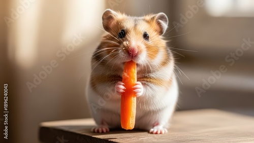 A cute golden hamster stands on a wooden surface, holding and munching on a small orange carrot with both paws, bathed in warm sunlight.