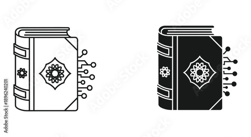 Illustration of Quran Books in Black and White with Ornate Designs