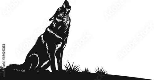 A black silhouette of a wolf howling at the moon isolated on transparent background